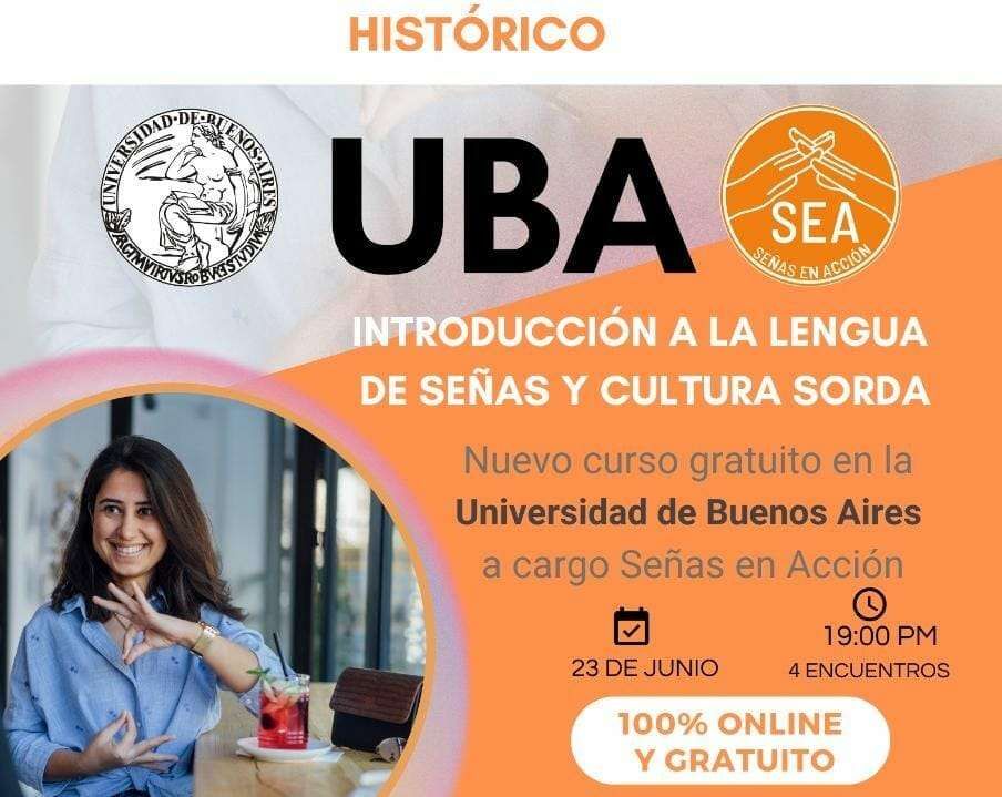Anuncio del curso gratuito de introducción a la Lengua de Señas y cultura sorda en la UBA